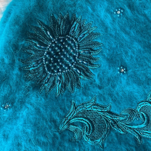 Rare Vintage Angora Embroidered Beaded NWT Dead-stock Turquoise Cardigan M - Picture 13 of 16